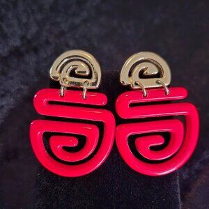 Vintage AVON 90s Gold & Red Lucite Contemporary Dangle Earrings